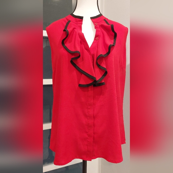 Calvin Klein Tops - Calvin Klein Red Ruffled Blouse with Black Accents
